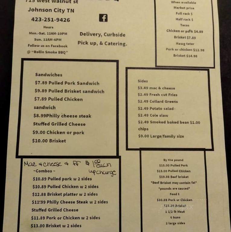 Rollin Smoke BBQ - Johnson City, TN menu_pic