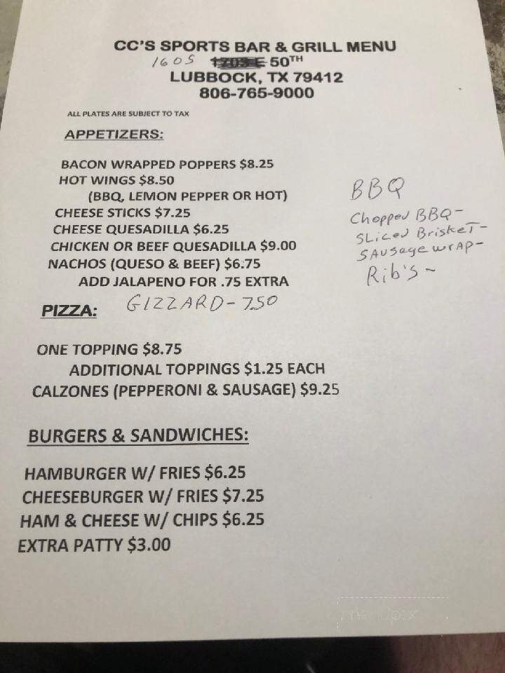 C C's Bar & Grill - Lubbock, TX menu_pic
