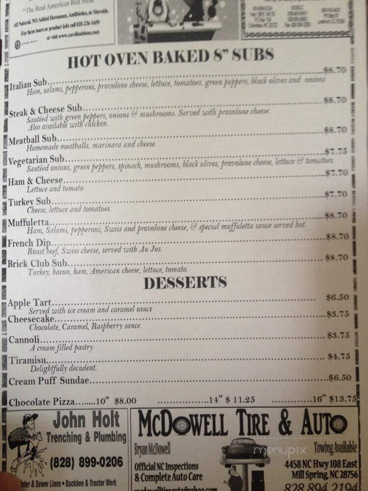 The Brick Pizzeria Cafe - Columbus, NC menu_pic