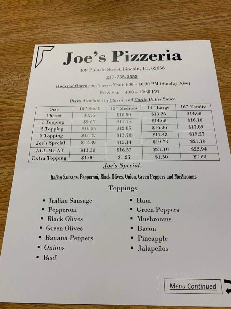 Joe's Pizzeria - Lincoln, IL menu_pic