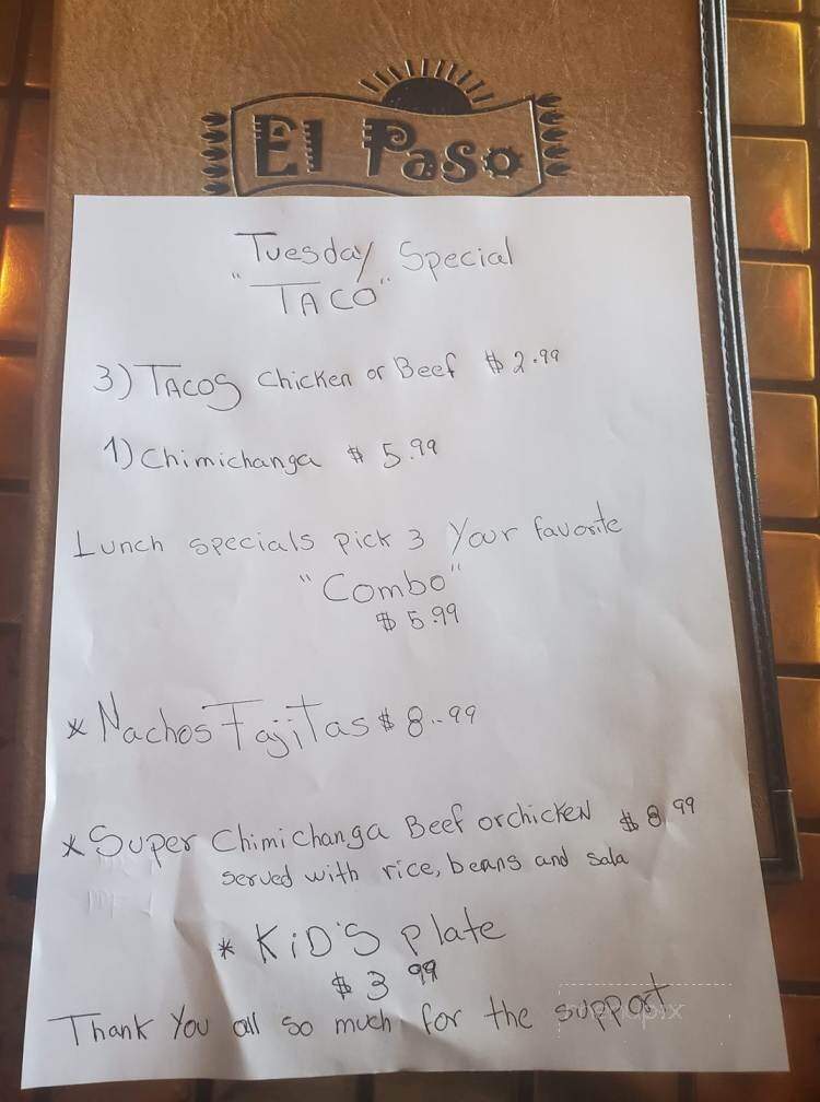 El Paso Mexican Restaurant - Sevierville, TN menu_pic
