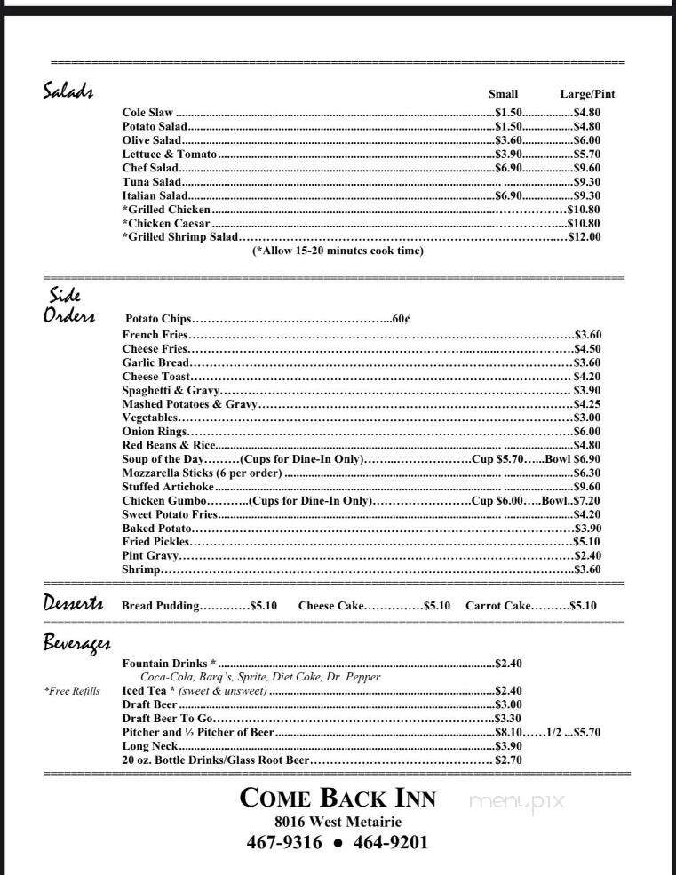 Come Back Inn - Metairie, LA menu_pic