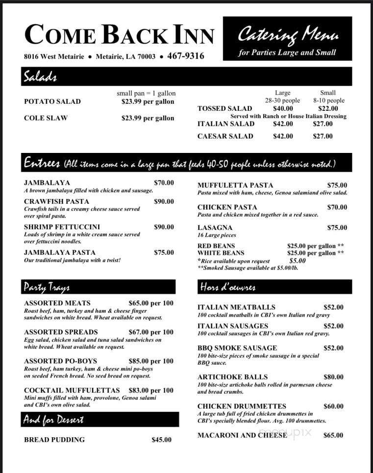 Come Back Inn - Metairie, LA menu_pic