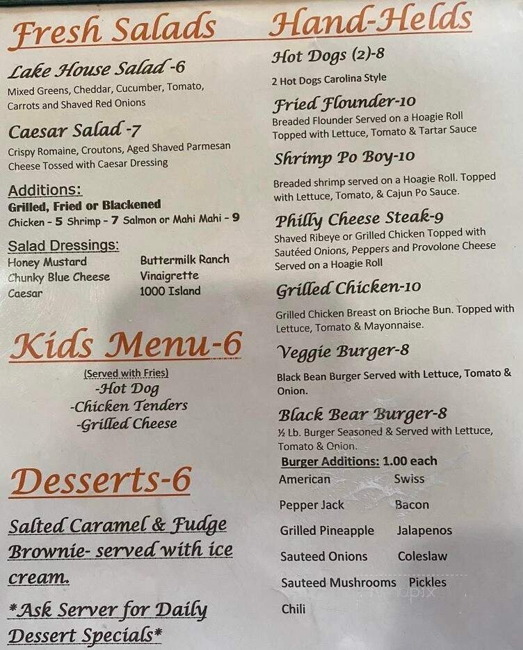 Bear Creek Marina & Restaurant - Nebo, NC menu_pic