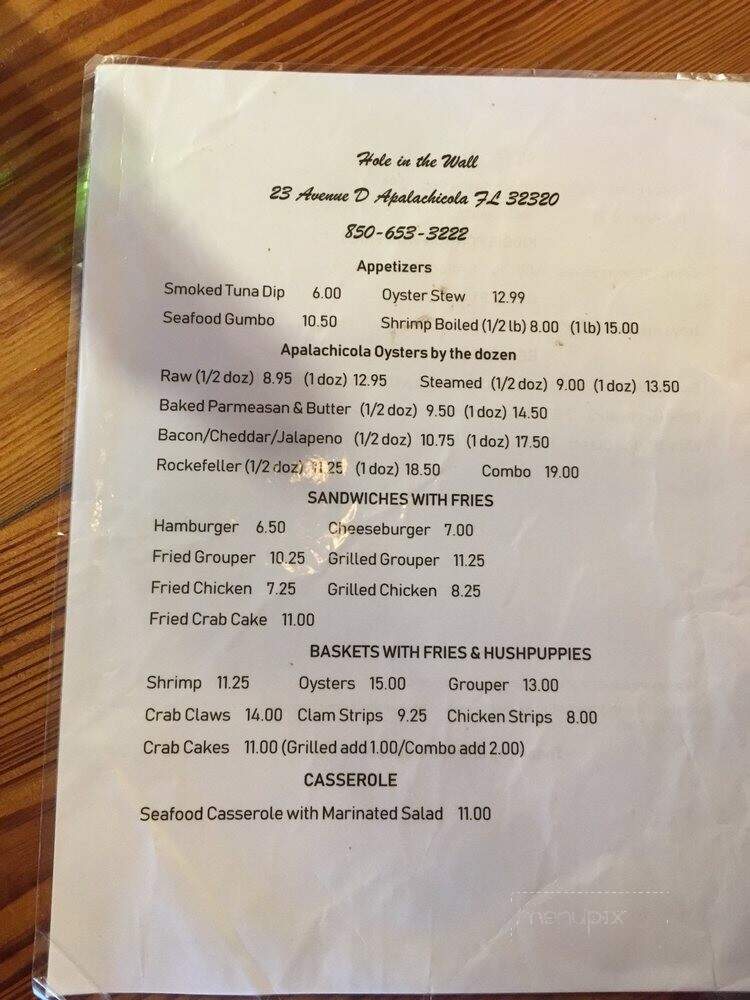 Hole in the Wall Seafood - Apalachicola, FL menu_pic