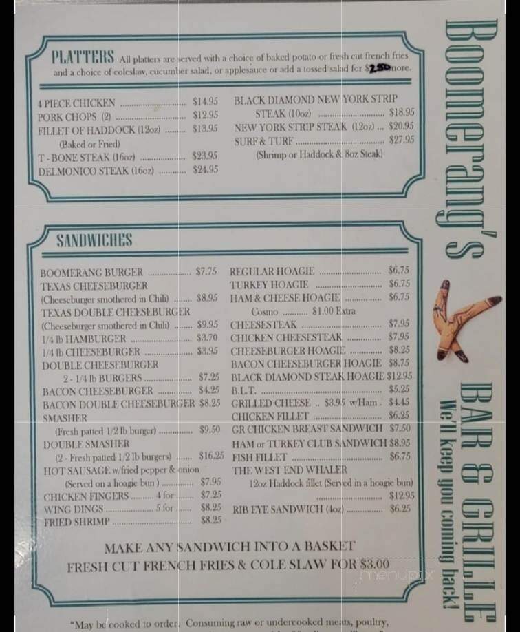 Boomerang's Bar & Grille - Millmont, PA menu_pic