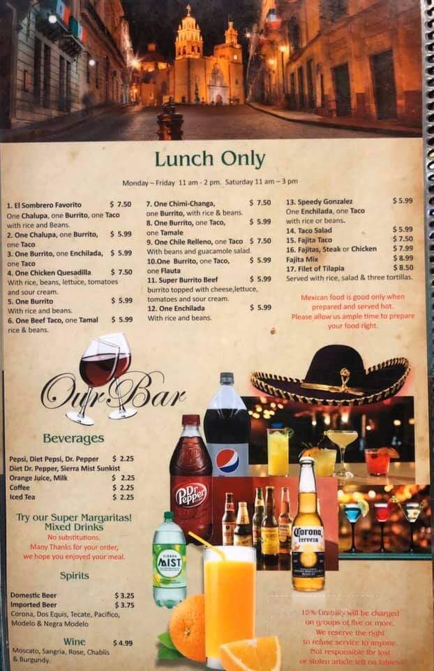 El Sombrero Mexican Restaurant - Yazoo City, MS menu_pic