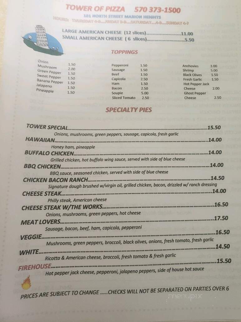 Tower Of Pizza - Marion Heights, PA menu_pic