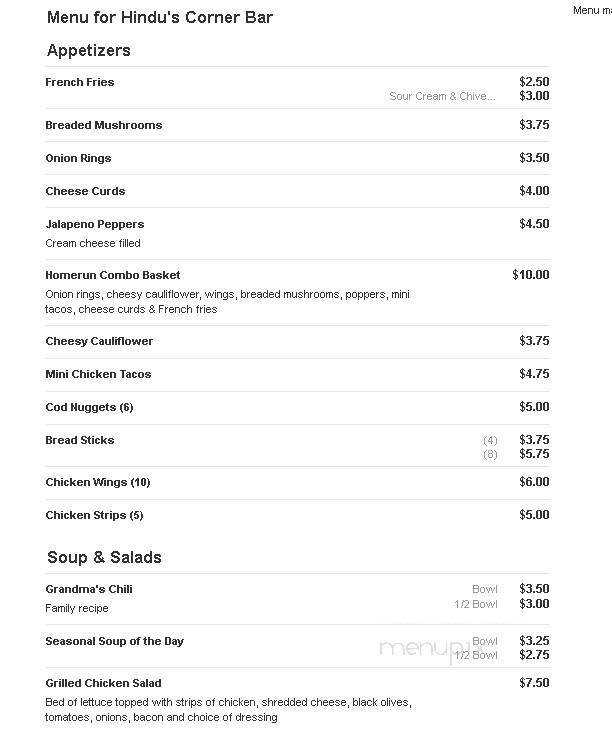 Hindu's Corner Bar - Cuba City, WI menu_pic