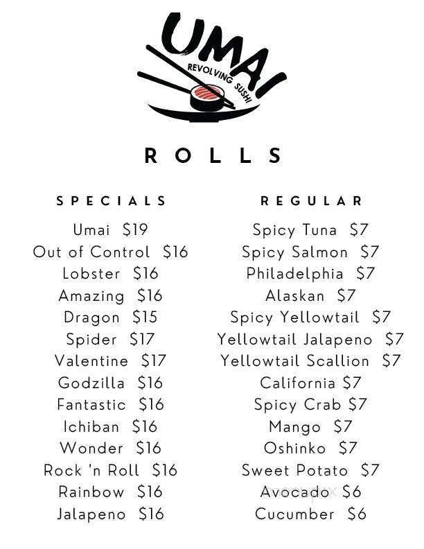 Umai Revolving Sushi - Rochester, NY menu_pic