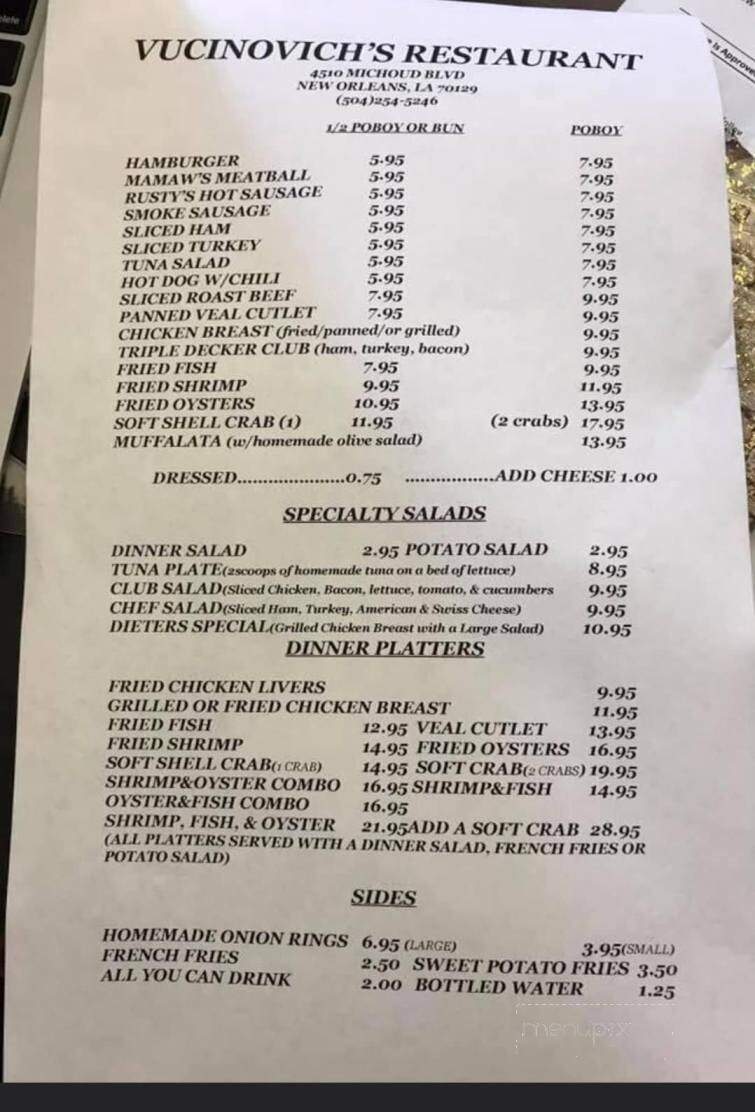 Vucinovich's Restaurant - New Orleans, LA menu_pic