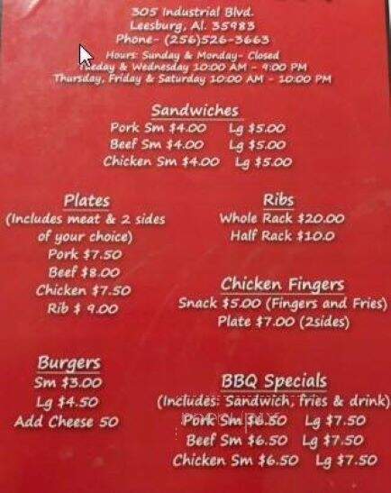 Tim's Walk Hard BBQ - Leesburg, AL menu_pic