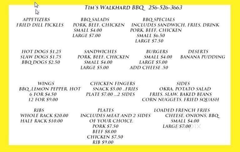 Tim's Walk Hard BBQ - Leesburg, AL menu_pic