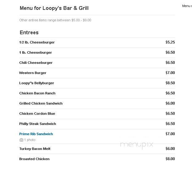 Loopy's Bar & Grill - Porterfield, WI menu_pic