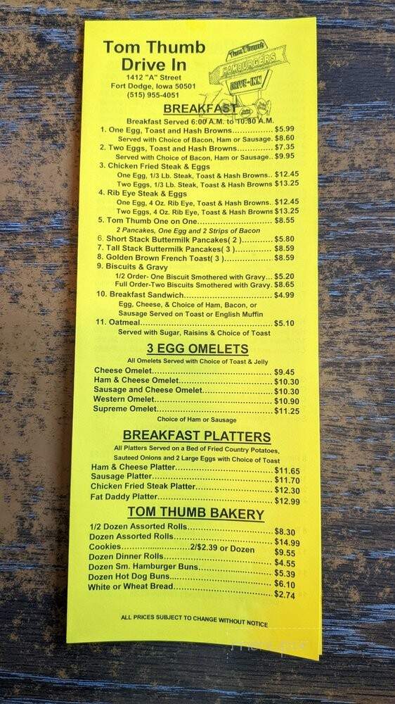 Tom Thumb Drive Inn - Fort Dodge, IA menu_pic