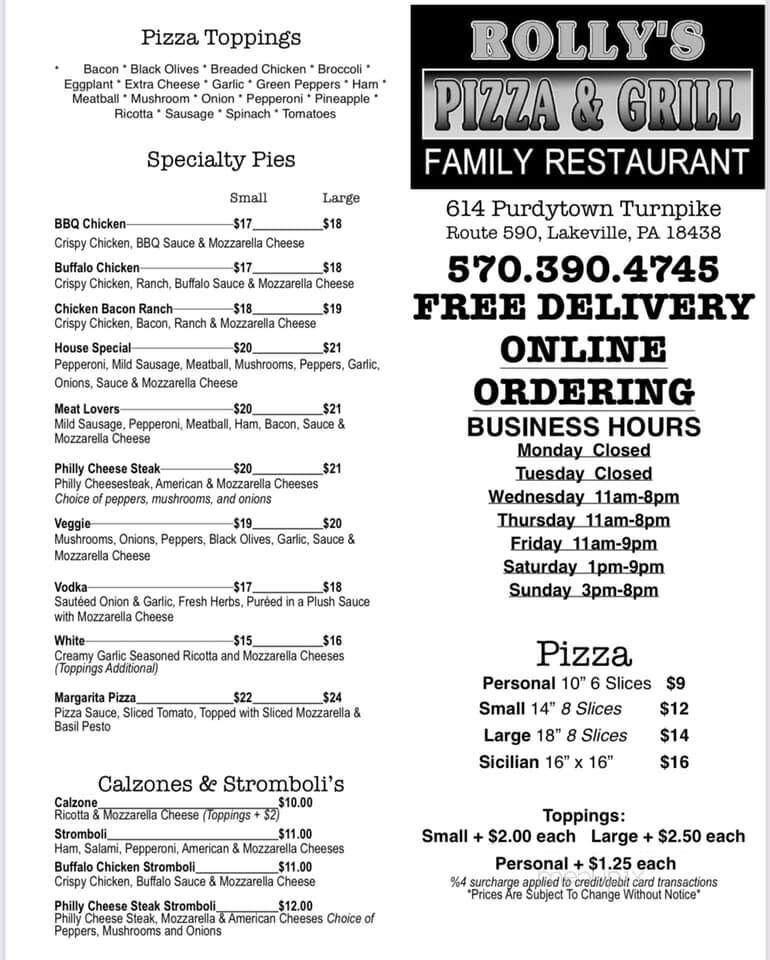 Rolly's Pizza & Grill - Lakeville, PA menu_pic