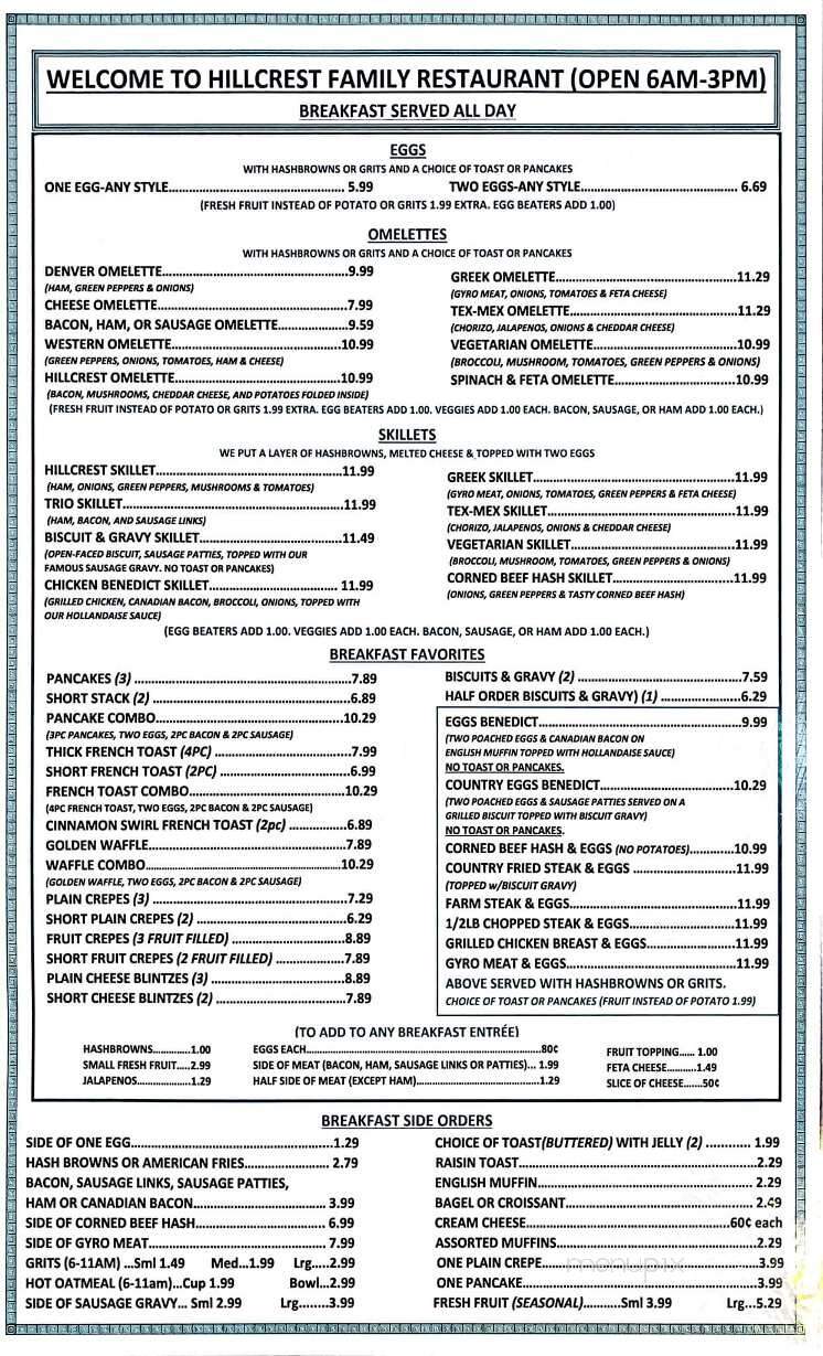 Hillcrest Family Restaurant - Kenosha, WI menu_pic