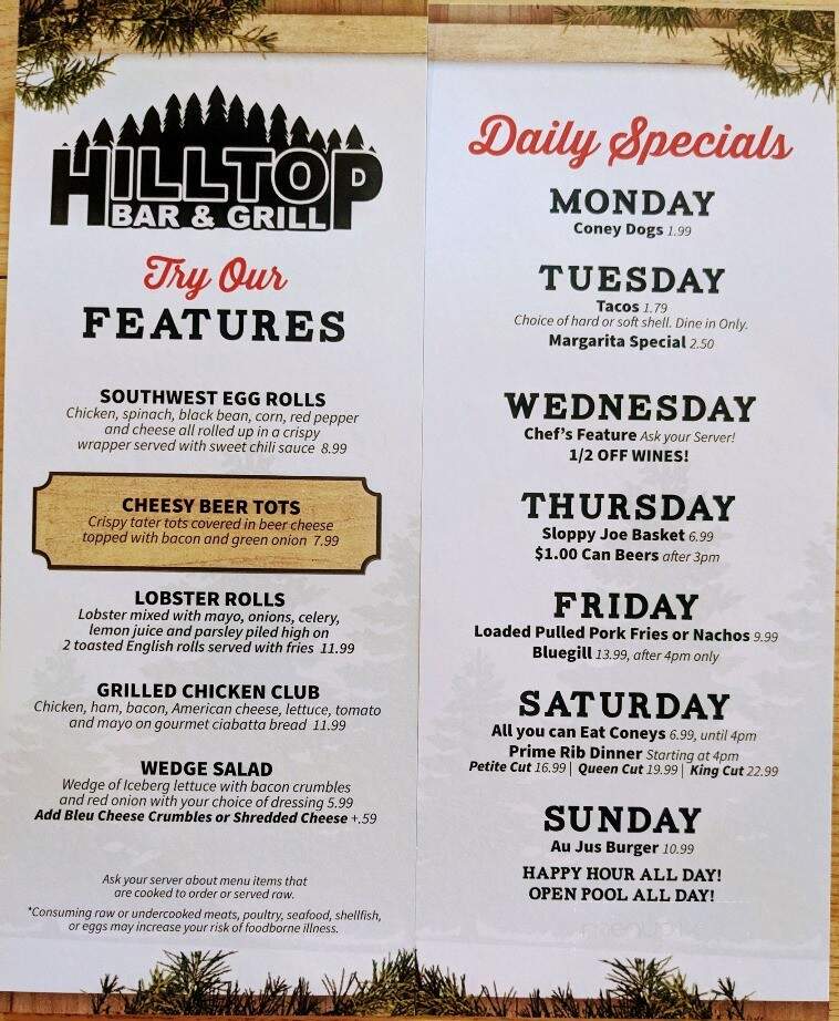 Hilltop Bar - Oscoda, MI menu_pic