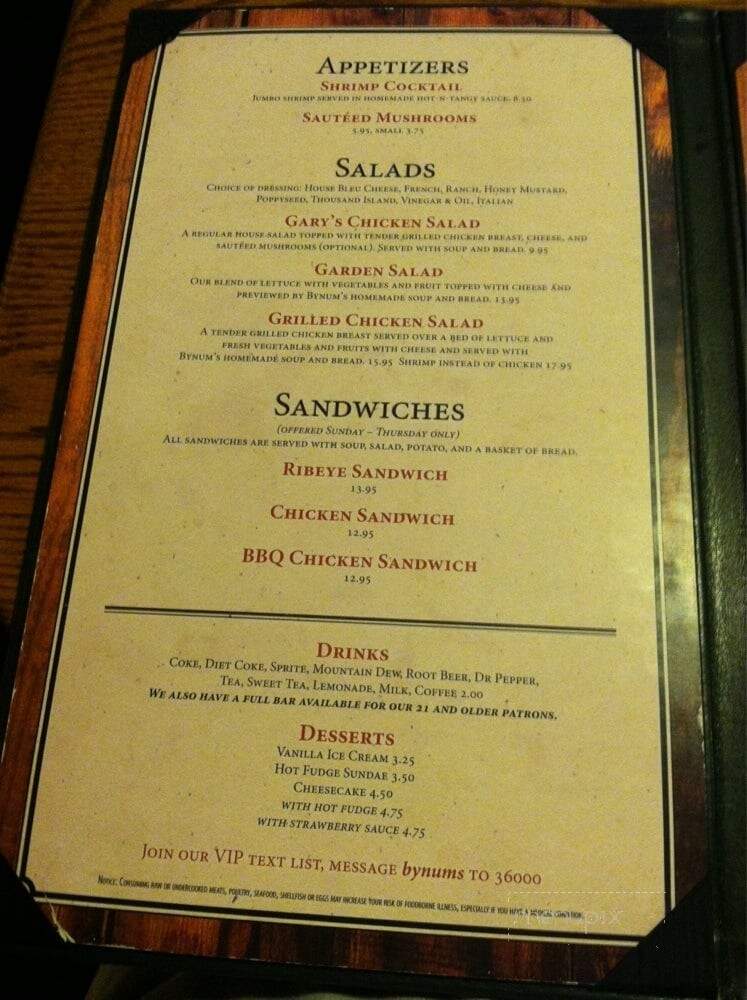 Bynum's Steakhouse - Martinsville, IN menu_pic