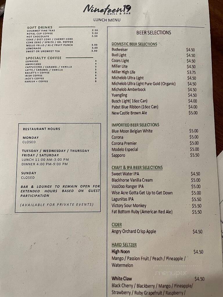 Nineteen19 Grill - Cumberland Gap, TN menu_pic