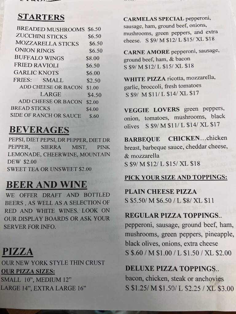 Carmelas Pizza & Italian - Reidsville, NC menu_pic