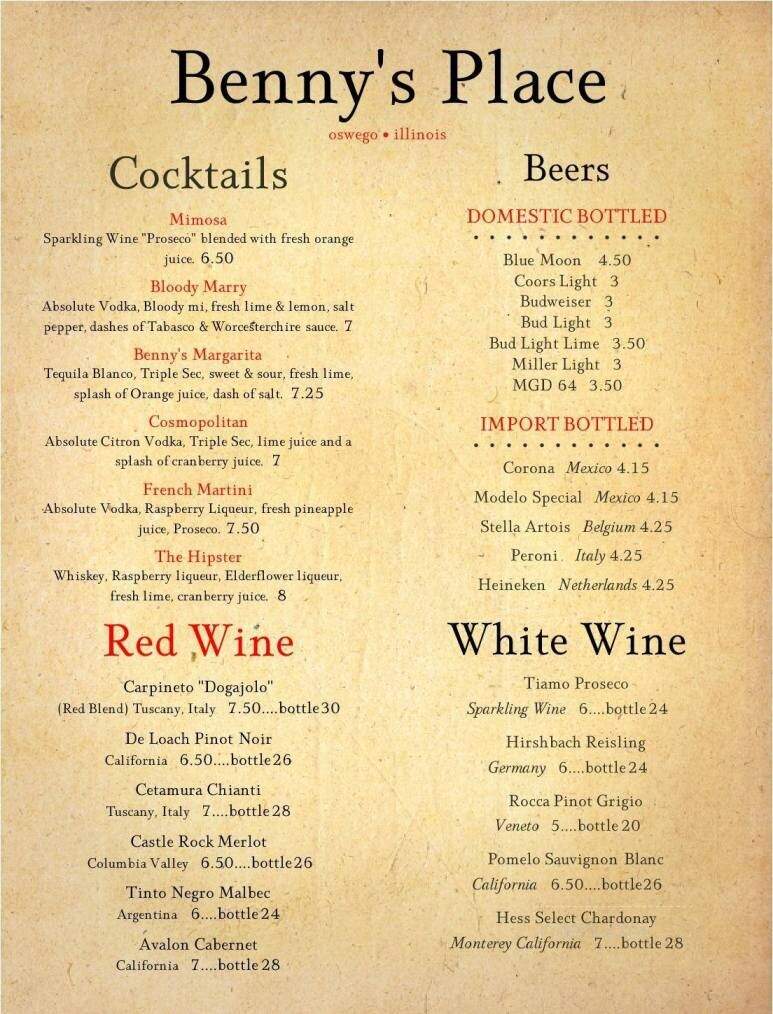 Benny's Place - Oswego, IL menu_pic