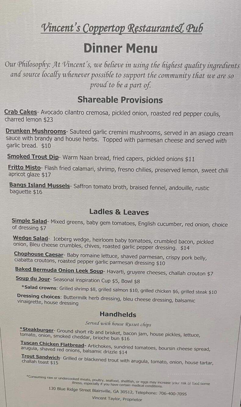 Vincents Coppertop Restaurant and Pub - Blairsville, GA menu_pic
