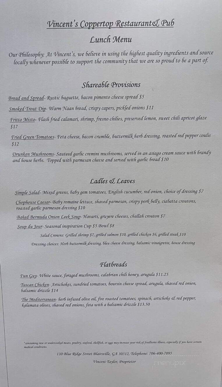 Vincents Coppertop Restaurant and Pub - Blairsville, GA menu_pic