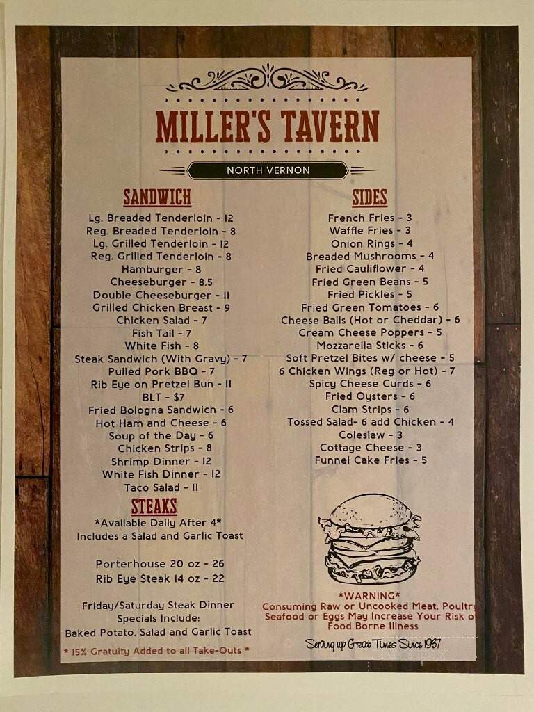 Miller's Tavern - North Vernon, IN menu_pic