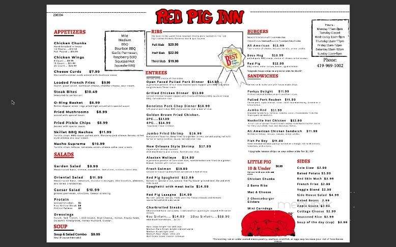 Red Pig Inn - Ottawa, OH menu_pic