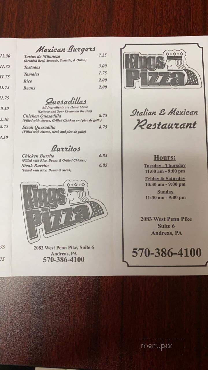 Kings Pizza - Andreas, PA menu_pic