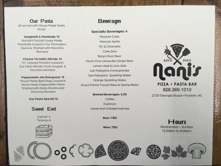 Nani's Pizza & Pasta Bar - Franklin, NC menu_pic