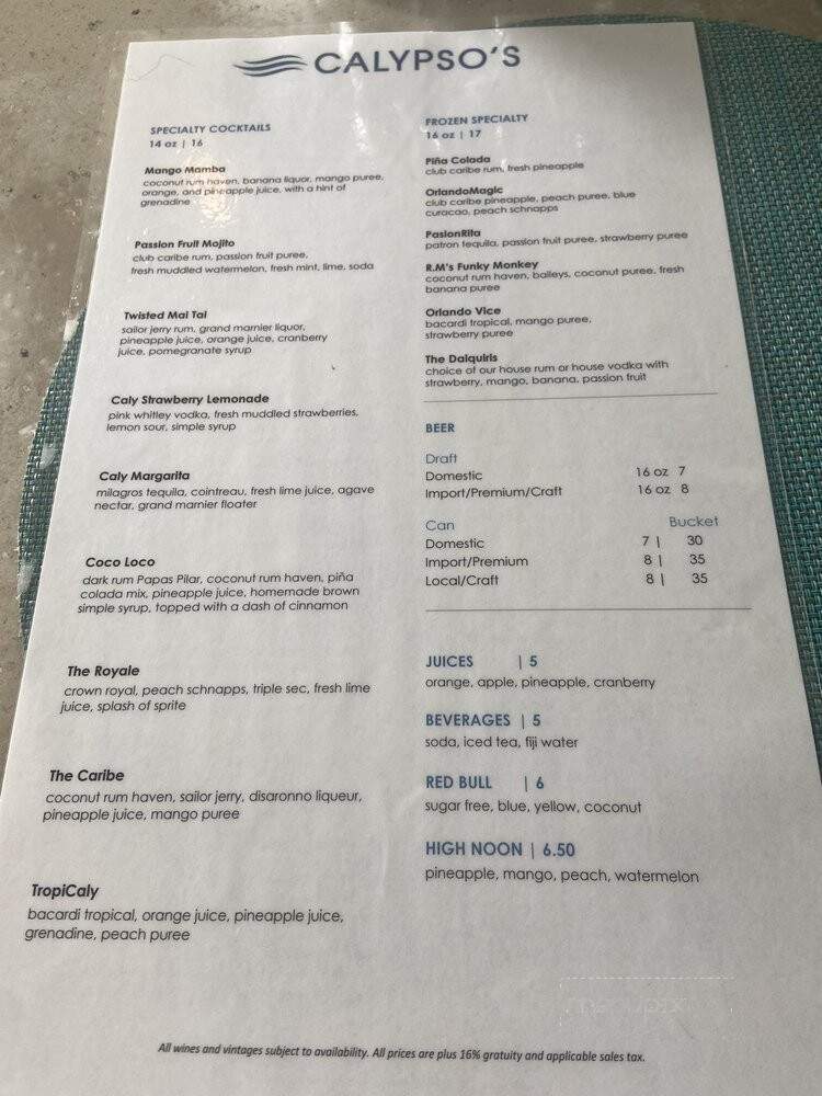 Calypso's Pool Bar & Grille - Orlando, FL menu_pic