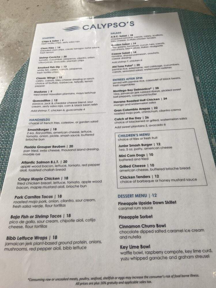 Calypso's Pool Bar & Grille - Orlando, FL menu_pic
