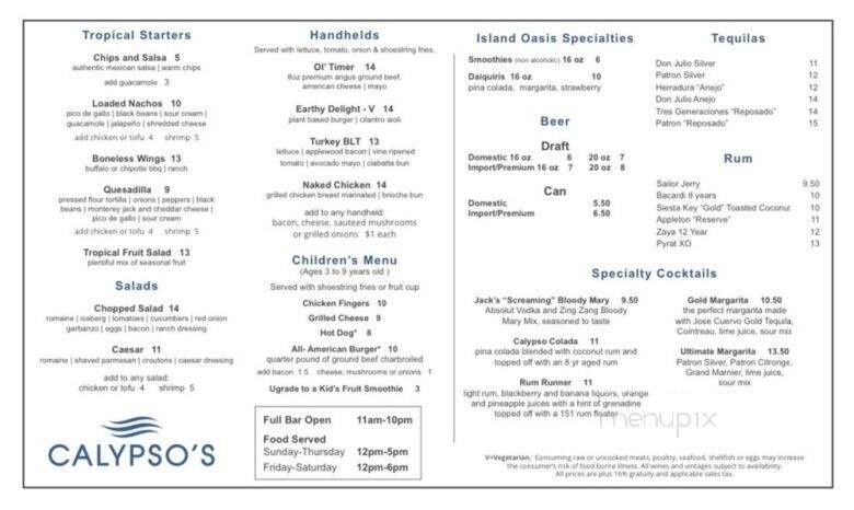 Calypso's Pool Bar & Grille - Orlando, FL menu_pic