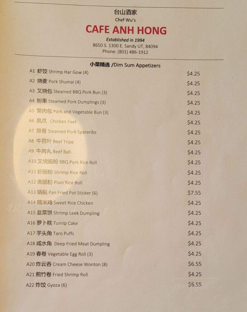Cafe Anh Hong - Sandy, UT menu_pic