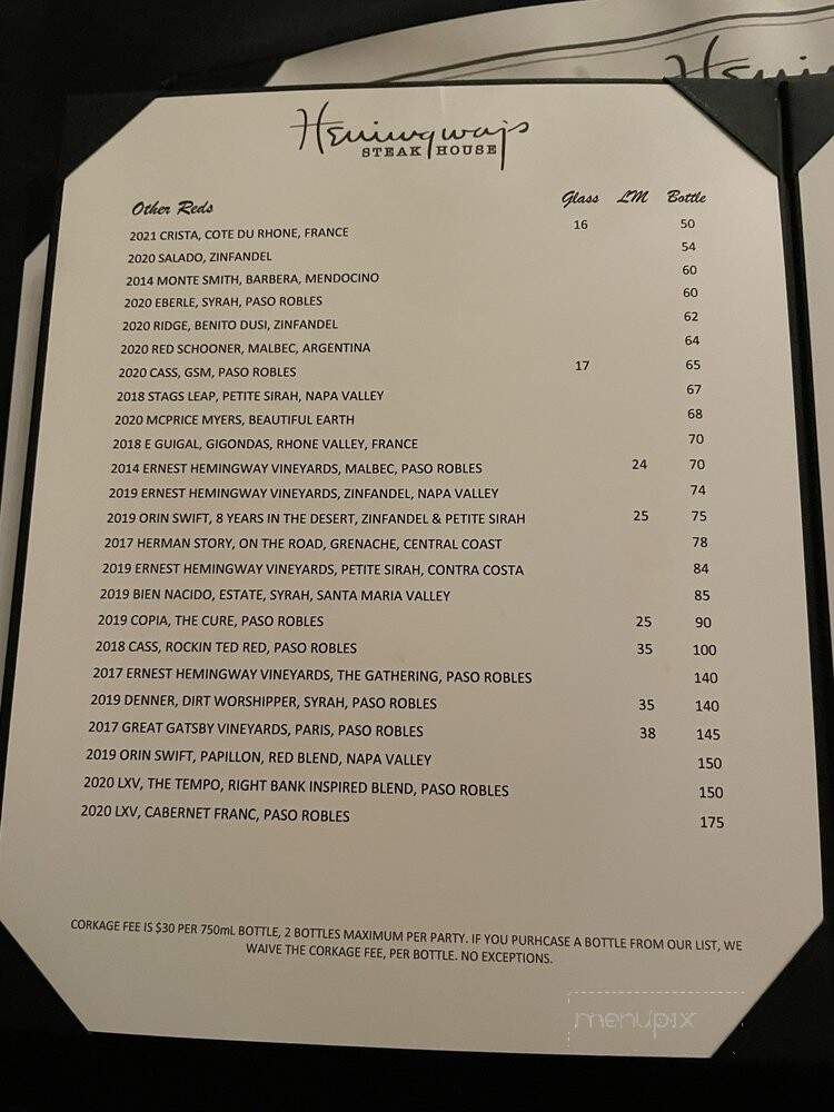 Hemingway's Steakhouse - Paso Robles, CA menu_pic