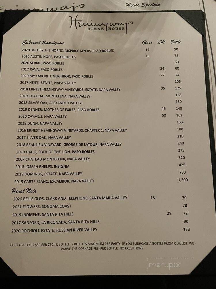 Hemingway's Steakhouse - Paso Robles, CA menu_pic