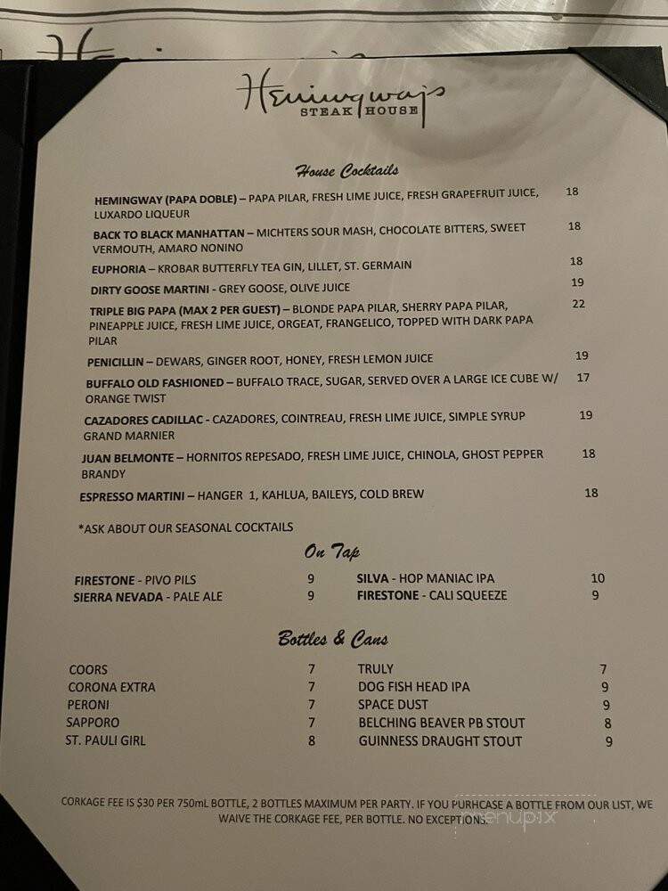 Hemingway's Steakhouse - Paso Robles, CA menu_pic
