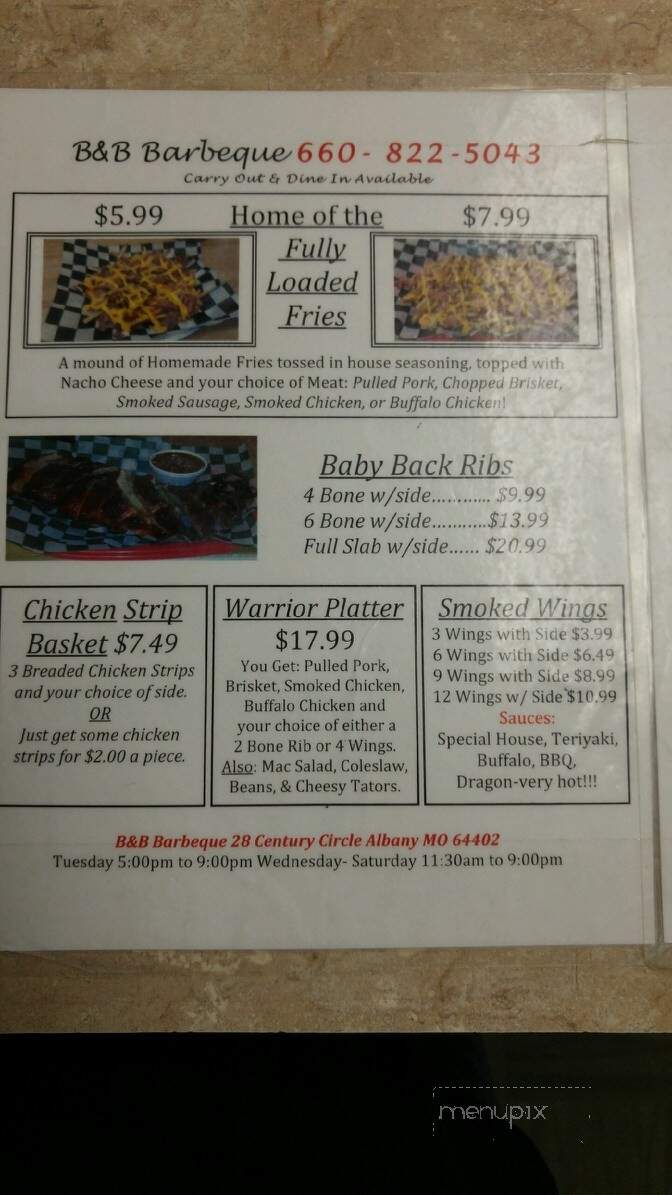 B&B BBQ - Albany, MO menu_pic