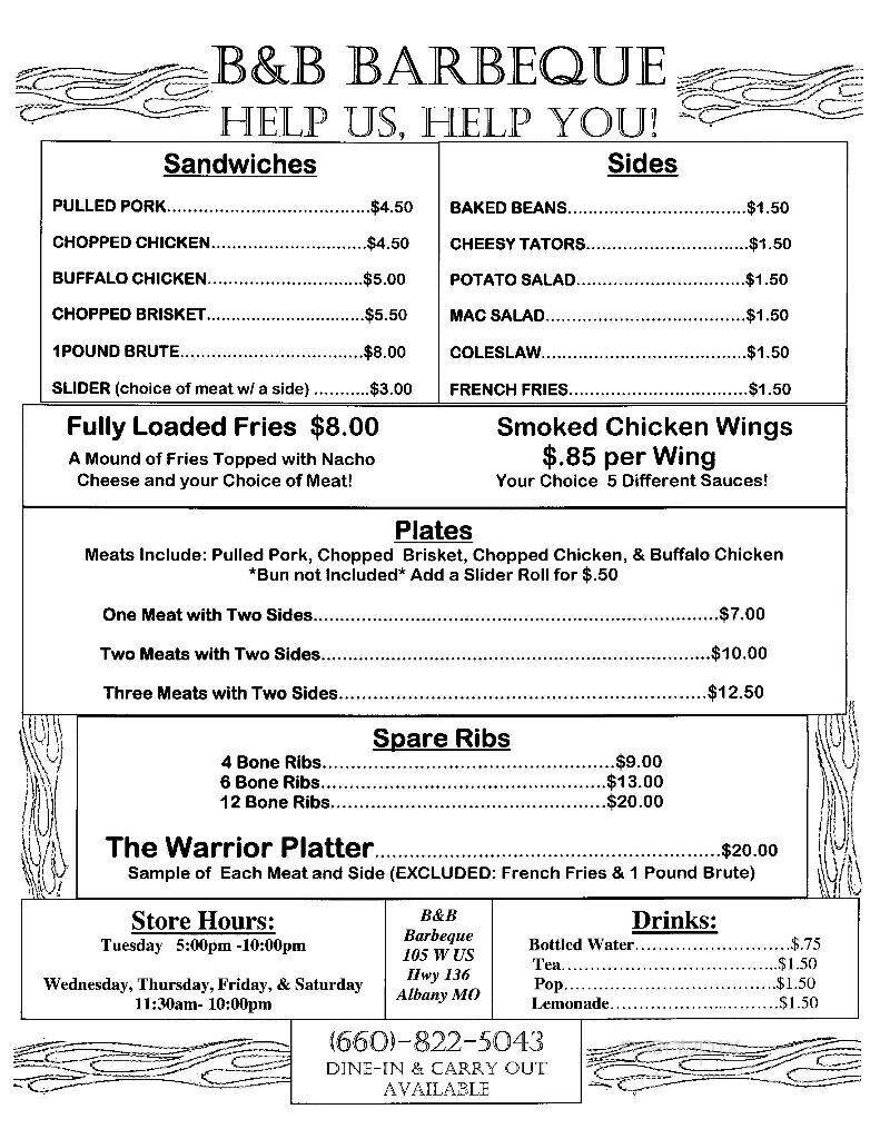B&B BBQ - Albany, MO menu_pic