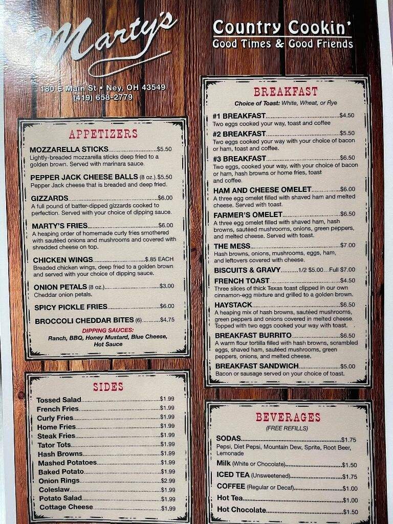 Marty's - Ney, OH menu_pic