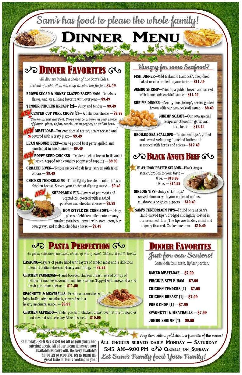 Sam's Restaurant - Titusville, PA menu_pic