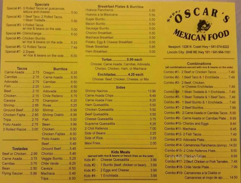 Super Oscar's Mexican Food - Newport, OR menu_pic
