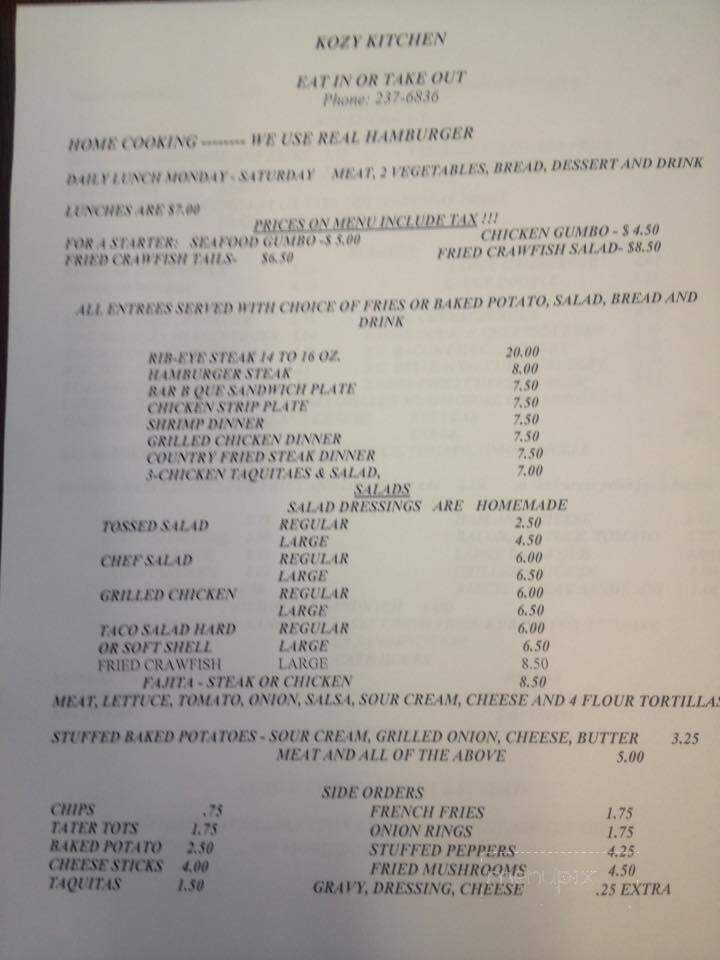 Kozy Kitchen - Carrollton, MS menu_pic