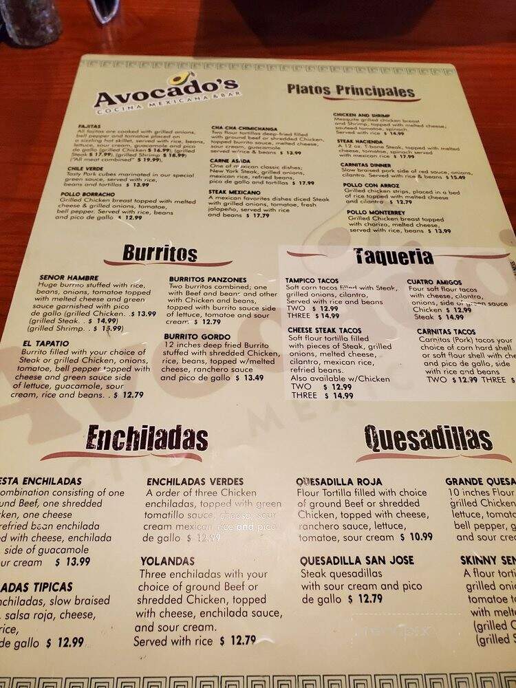 Avocado's Cocina Mexicana & Bar - Bradenton, FL menu_pic