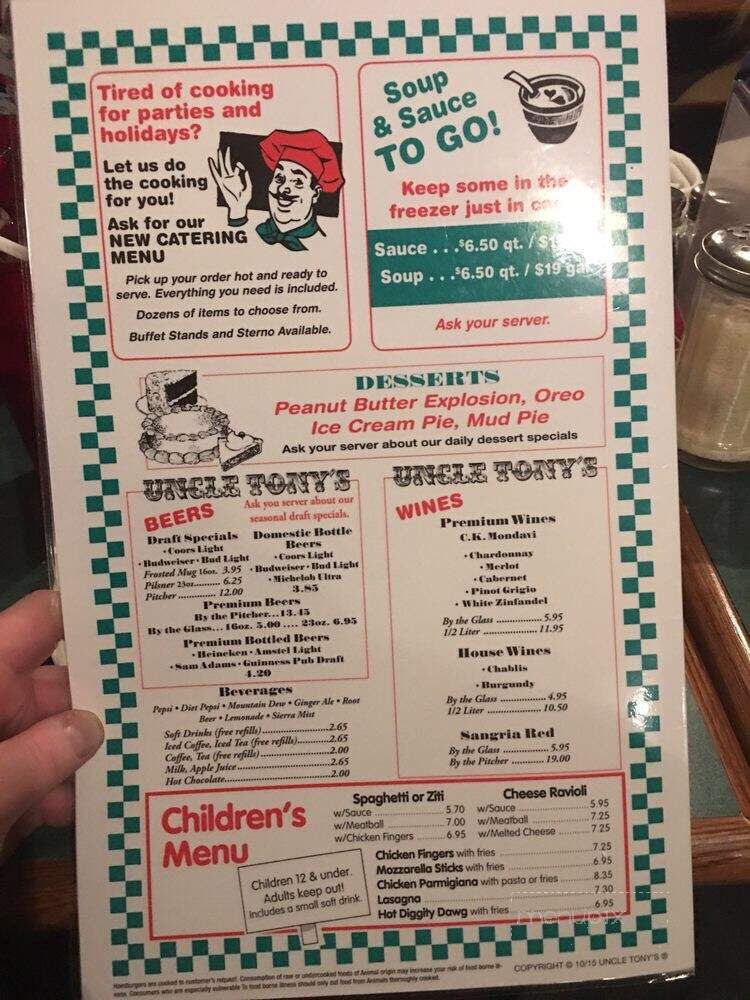 Uncle Tony's Pizza and Pasta - Johnston, RI menu_pic