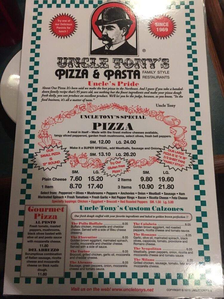 Uncle Tony's Pizza and Pasta - Johnston, RI menu_pic