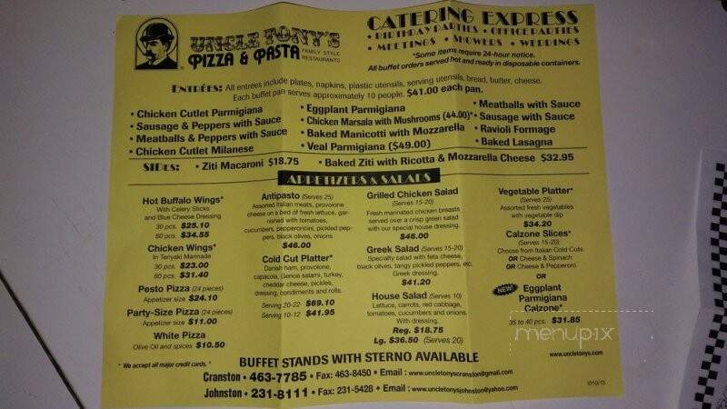 Uncle Tony's Pizza and Pasta - Johnston, RI menu_pic