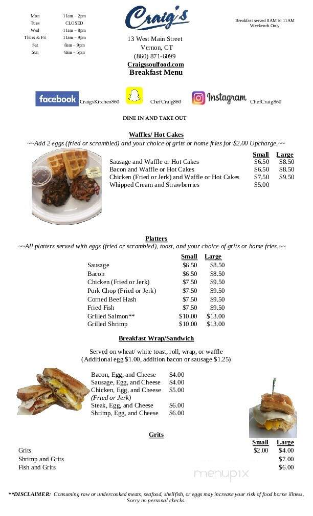 Craig's Kitchen - Vernon, CT menu_pic